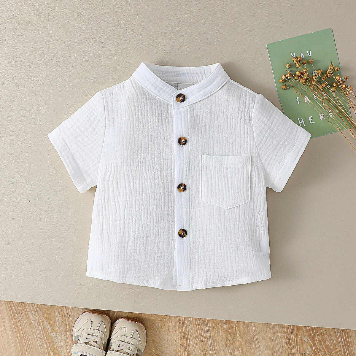 

Boy Solid Color Cotton Soft Shirt Chest Pocket Stand Collar Short Sleeve Gentleman Shirt For Boys 1-3Y Summer Clothes