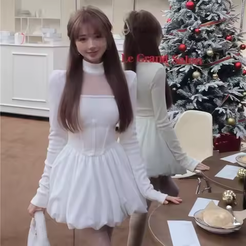 2025 Lady Solid Color Thin Evening Dress Spring Women Fashion Mesh Patchwork Dress Female Korean Designer Ruched Knitted Dress