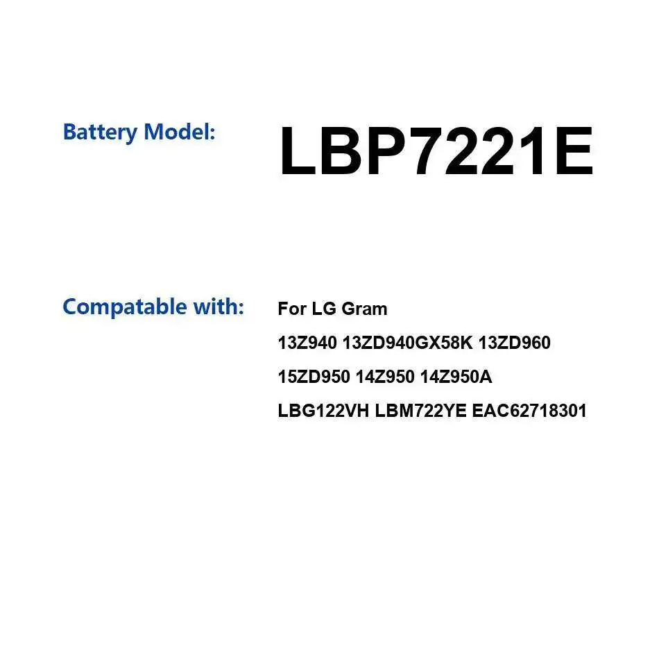 

Laptop Battery LBP7221E 449Mah For LG Gram 13Z940 13ZD940GX58K 13ZD960 15ZD950 14Z950 14Z950A LBG122VH LBM722YE EAC62718301