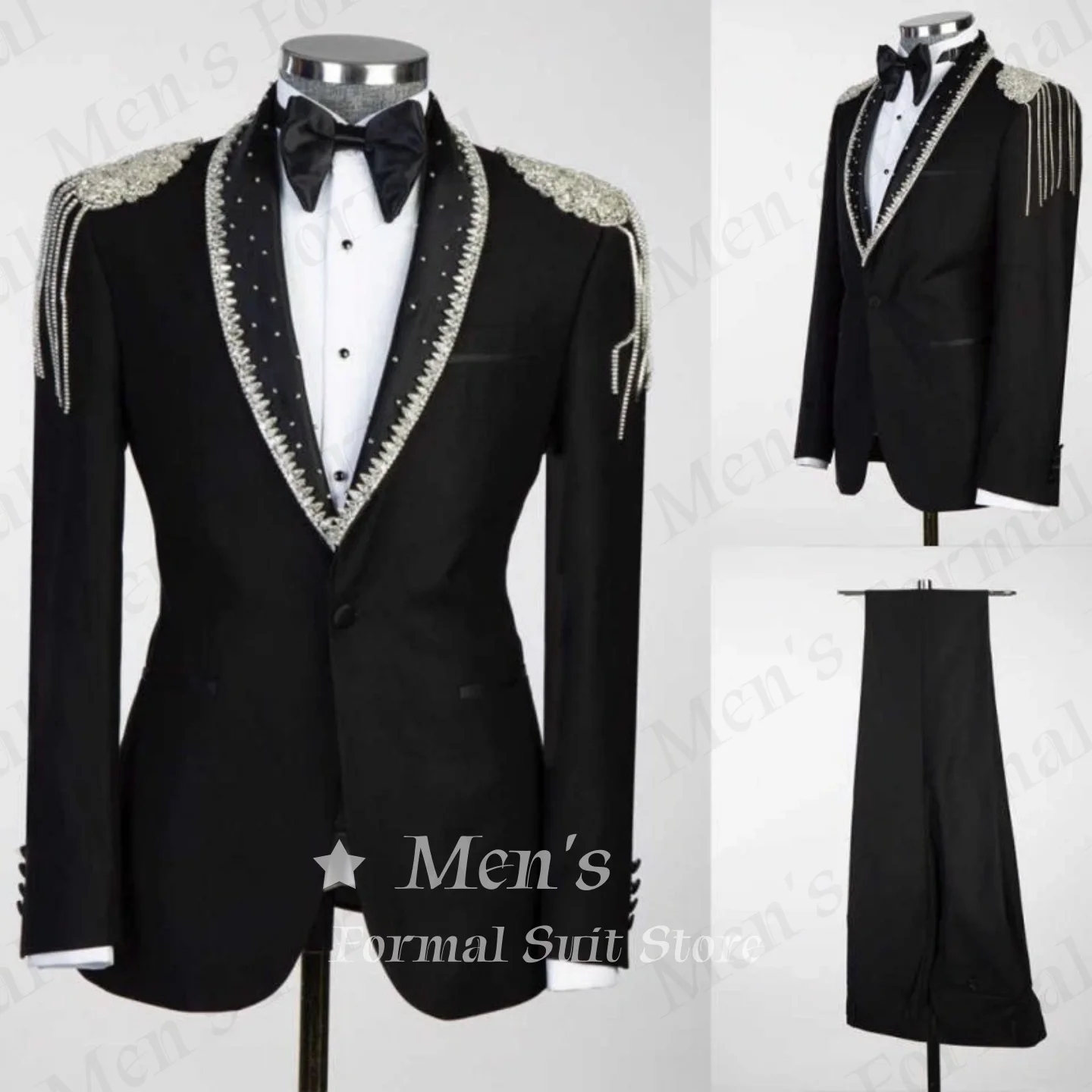 

Men's Formal Luxury Beaded Shawl Lapel 2 Piece Tuxedo Suit Slim Fit Formal Blazer Pants Set Wedding Groom Daily Customized