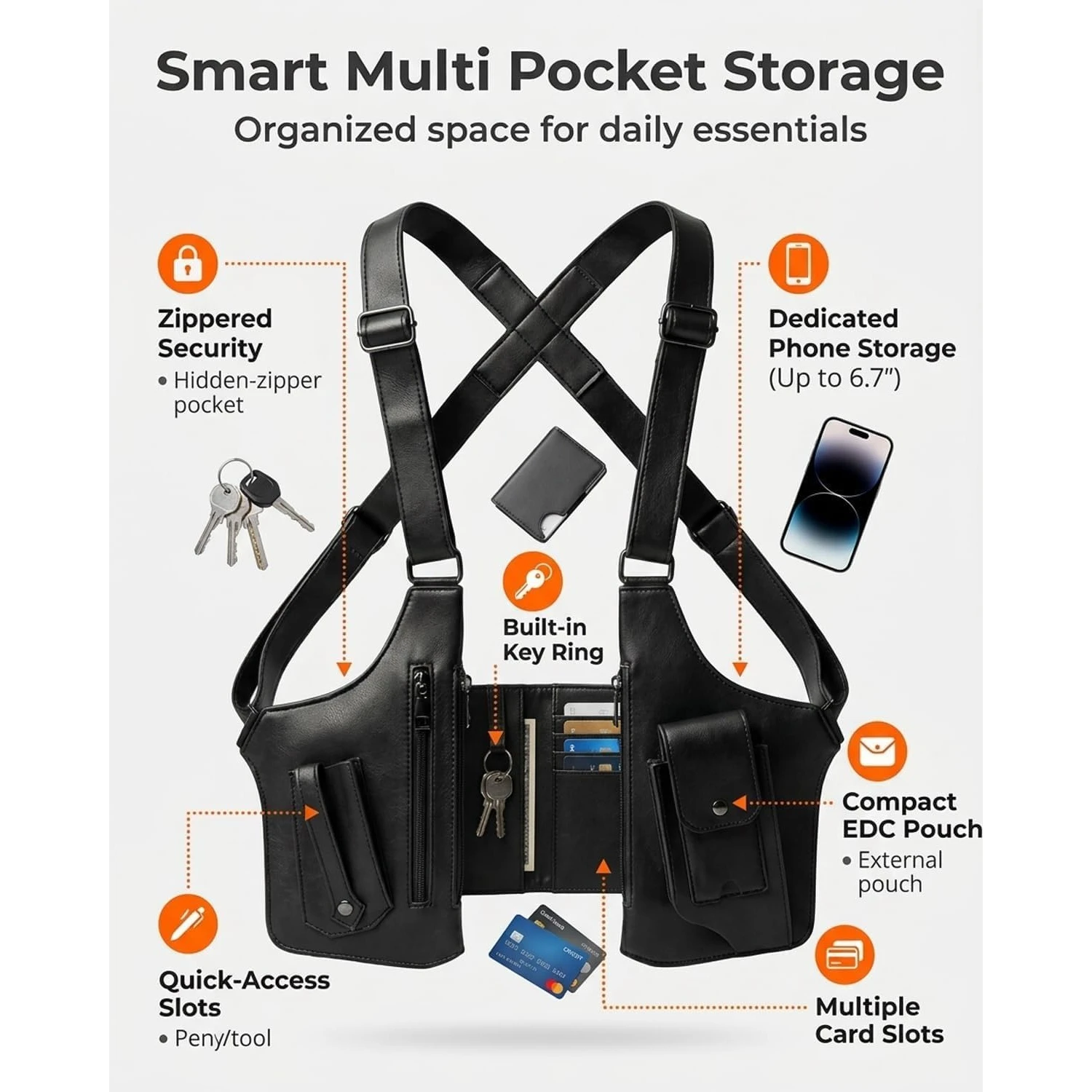 Multifunctional Outdoor Chest Bag Durable Leather Strap Sling Crossbody Bag Casual Sport Shoulder Waist Pack for Men