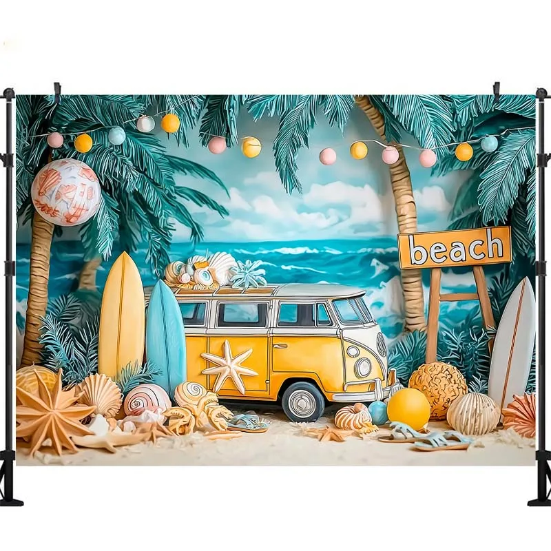 LS Summer Beach Photography Background Sunshine Bus Palm Tree Decor Baby Shower Cake Smash Kids Portrait Photo Backdrop Studio