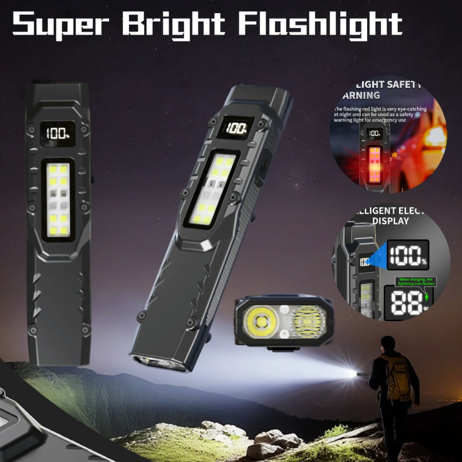 

LED Super Bright Flashlight Powerful Mini Torch with Digital Display USB Charging Waterproof Camping Fishing Emergency Lantern