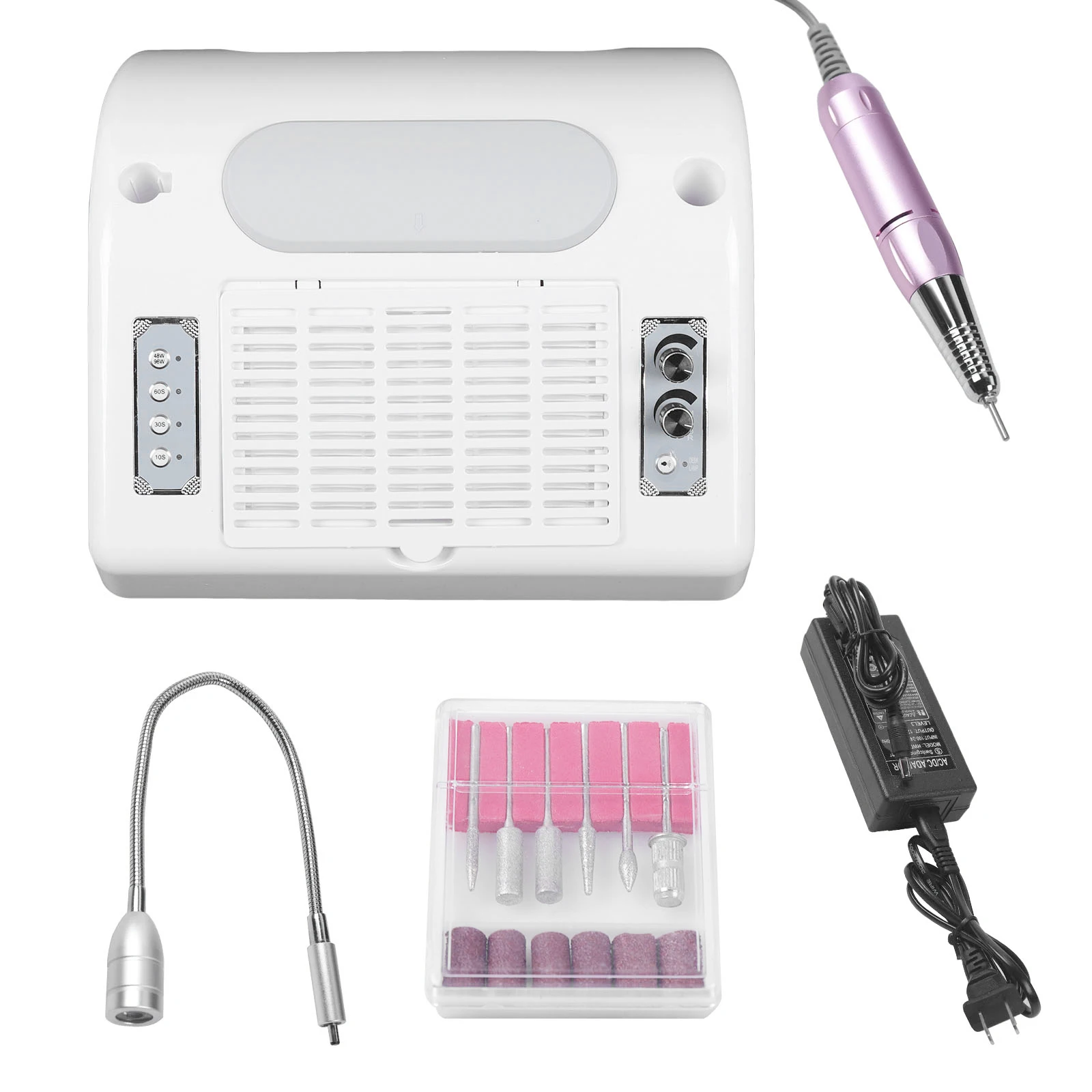 Estrattore per collettore di polveri per unghie 5 in 1 40W Trapano elettrico per unghie professionale 30000 giri/min con lampada per unghie UV LED 48W/96W