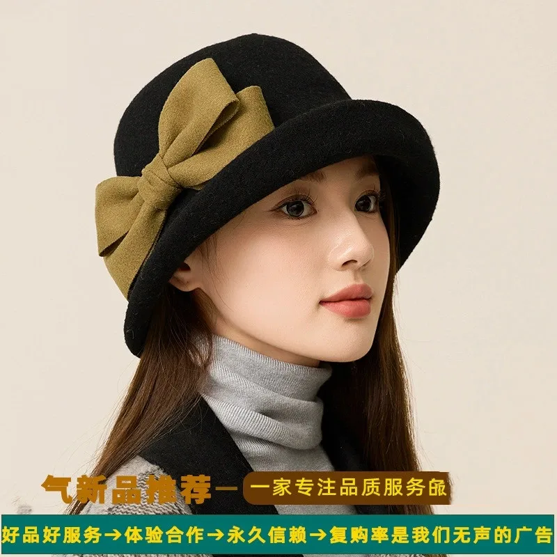 French Elegant Retro Wool Hat Rolled Brim Stylish Bucket Hat Large Fisherman Hat for Women