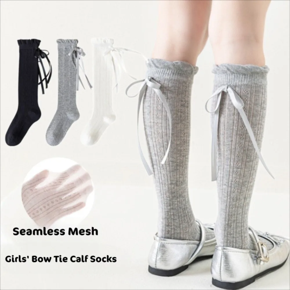 1 Pair Bow Design Mesh Long Socks Solid Color Thin Children's Calf Sock Soft Long Length Girl Socks Spring Summer