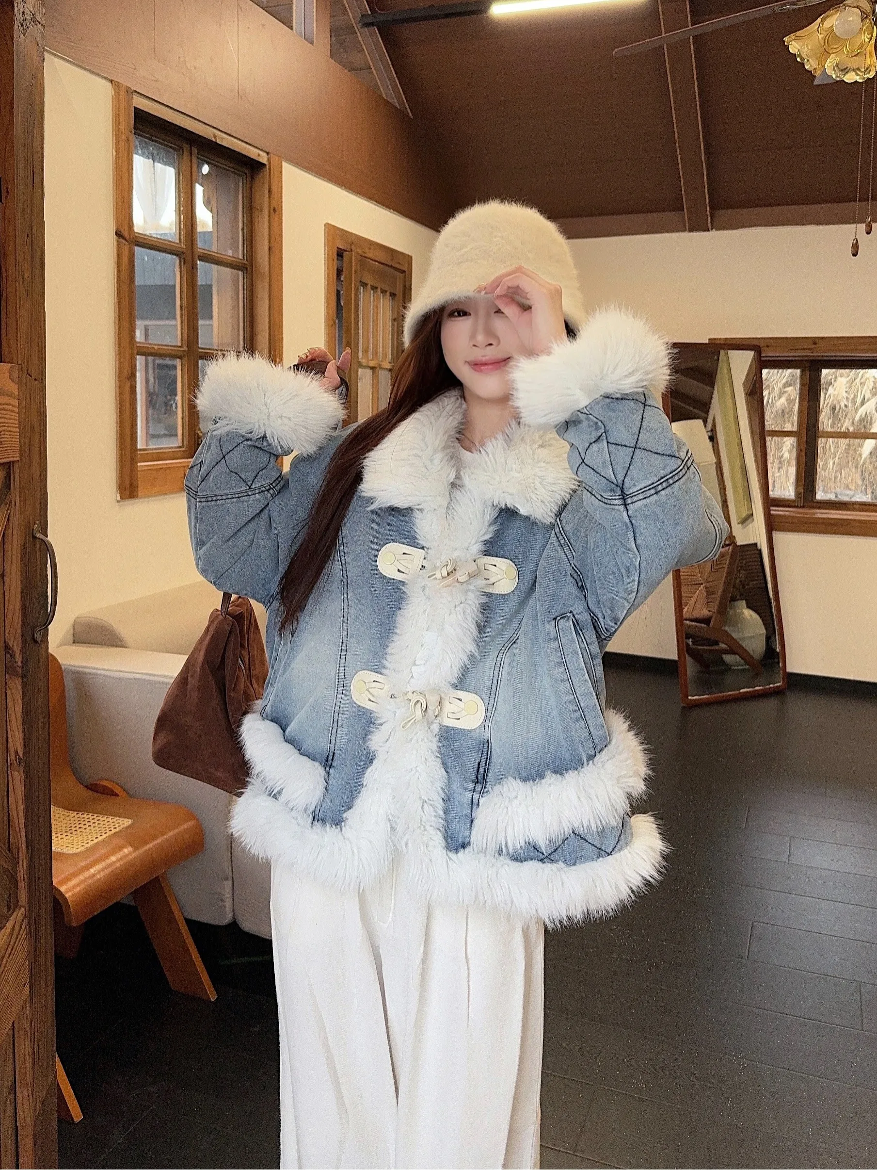 

Denim Coat Long Sleeve Woman Fur Plush Womens Winter Loose Fit Sweet Girl Urban Travel Quilt Standneck Adjustable Patchwork Chic