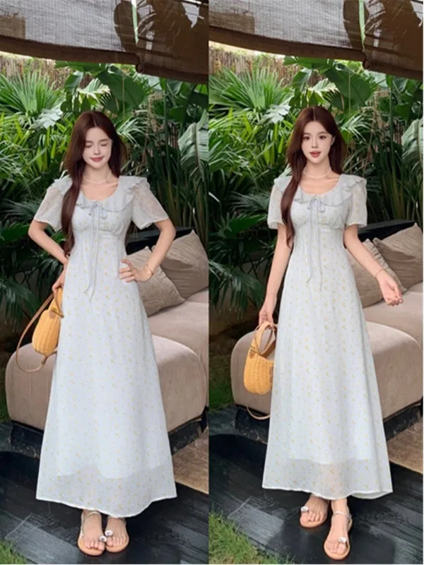 

Slimming Floral Print Maxi Dress for plus Size Women Bowknot Neckline Breathable Comfortable A-Line Skirt French Style Summer...