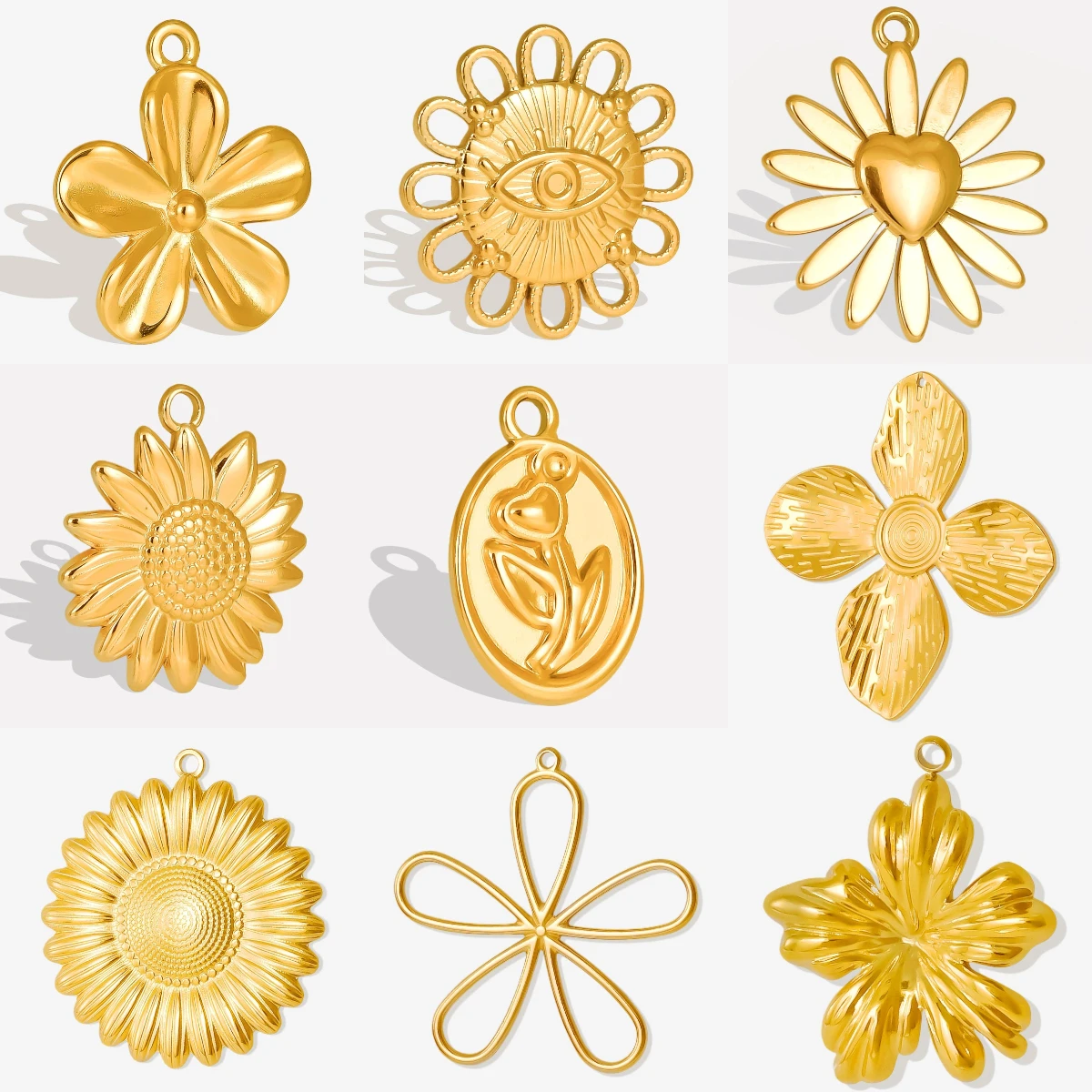 10 unids/lote de colgantes de girasol y Margarita chapada en oro auténtico de acero inoxidable, accesorios para collares DIY para marcar joyas