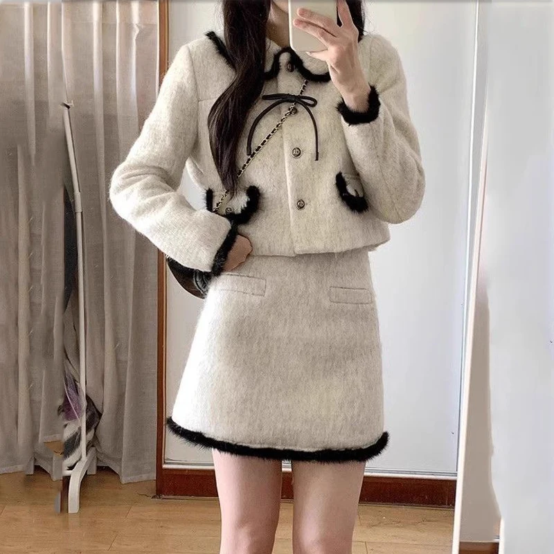 Elegant contrasting coat+woolen half skirt autumn and winter new women temperament small fragrance style light luxury set