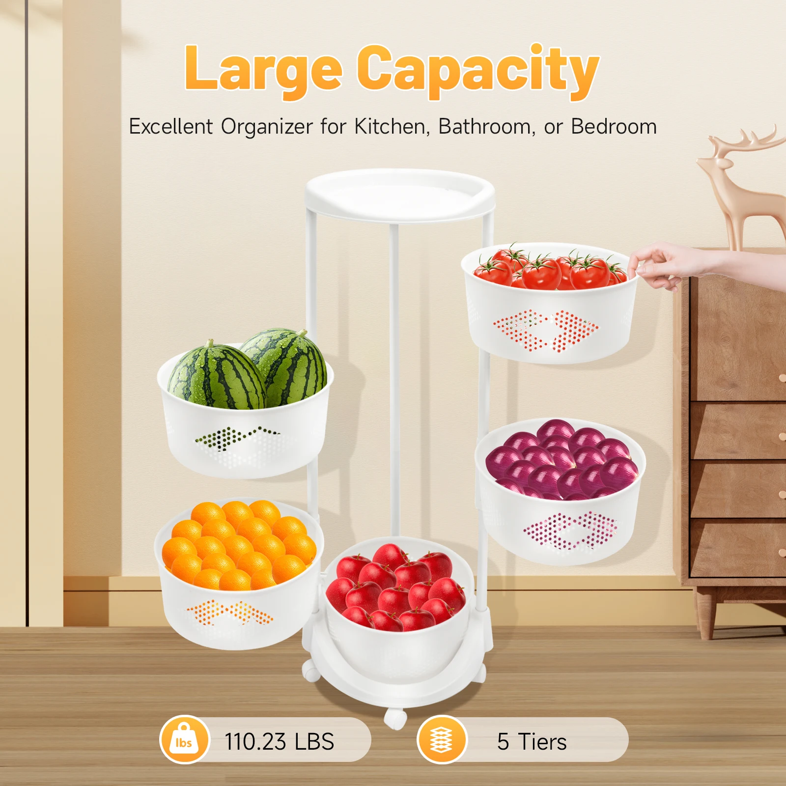 

5 Layer Kitchen Rotating Organizer Rack Fruit Vegetable Storage Basket w/ Wheels for the Living Room, Kitchen, Home Decor White