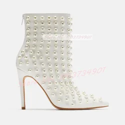White Pearl Pointed Toe Short Boots Women Big Size Zipper Elegant Thin High Heels Shoes Lady Luxury Party Sexy Fashion Boots