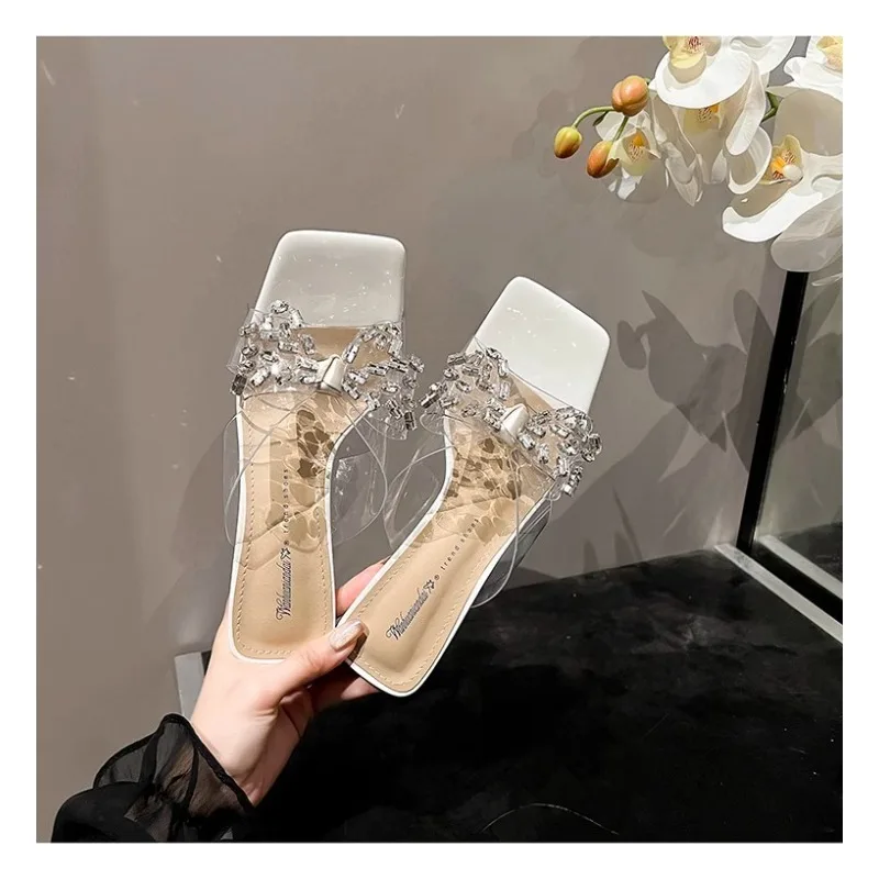 

Прозрачные сандалии со стразами и бантом на высоком каблуке с юбкой на толстом каблуке, модные крутые женские тапочки на открытом воздухе, Zapatos De Mujer