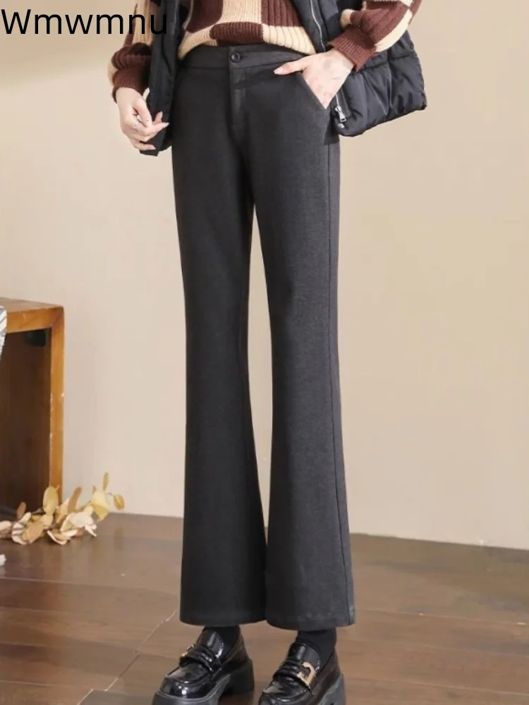 

Шерстяные брюки-клеш до щиколотки с высокой талией, широкими штанинами, женские повседневные утепленные прямые брюки