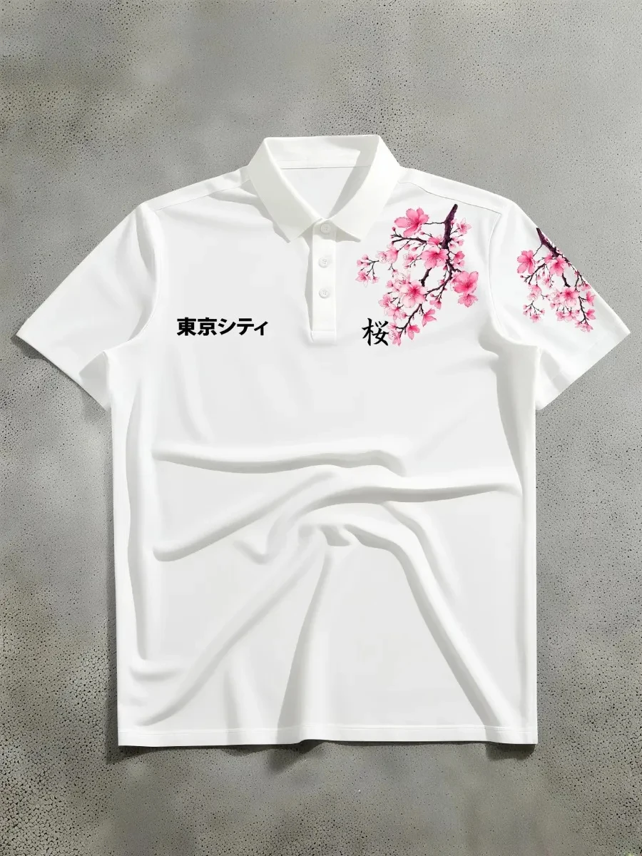 Y2k Tokyo Cherry Blossom Polo Shirts Men's Golf Shirts Vintage Streetwear T Shirts Tee Oversize Minimalist Fashionable Harajuku