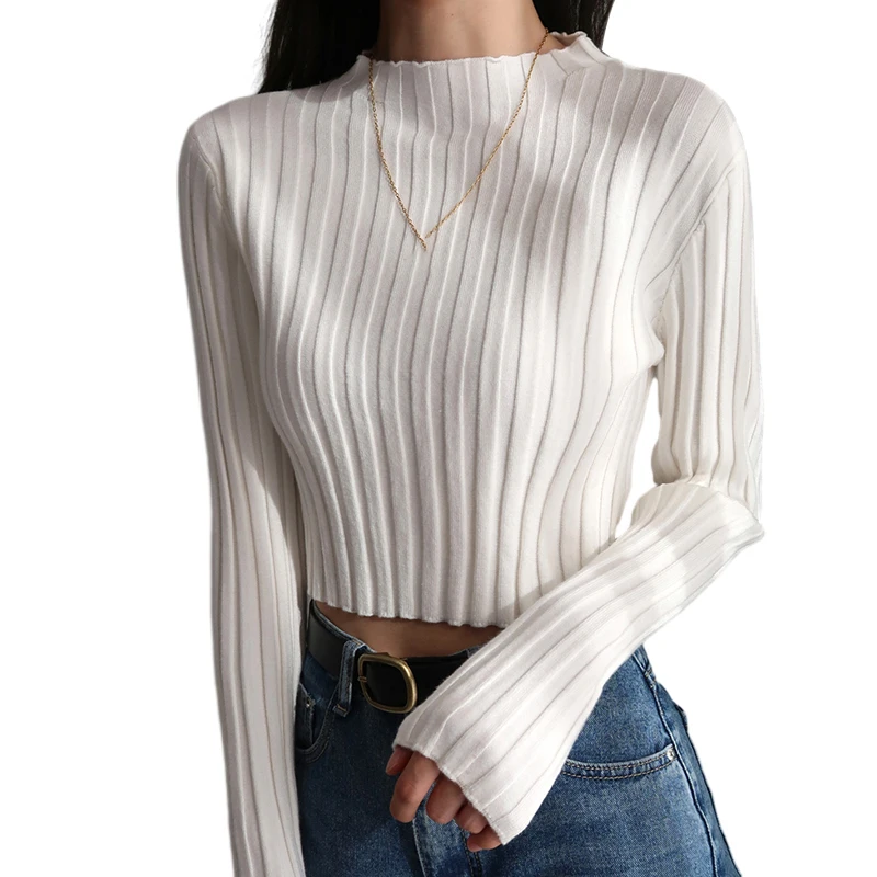 Women Sweater American Style Stand Collar Solid Color Simple Slim Fit Fashion Short Knitted Long-sleeved Pullover