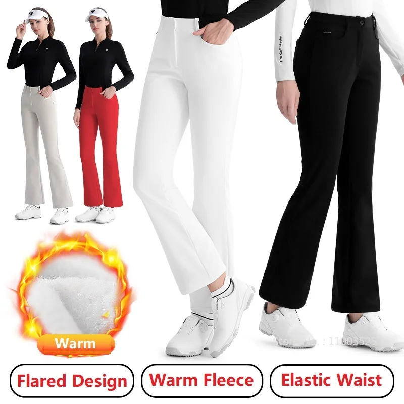 Pgm Golf Women Pants Elastic High Waist Trousers Lady Winter Warm Fleece Golf Pants Slim Casual Sports Flare Sweatpants