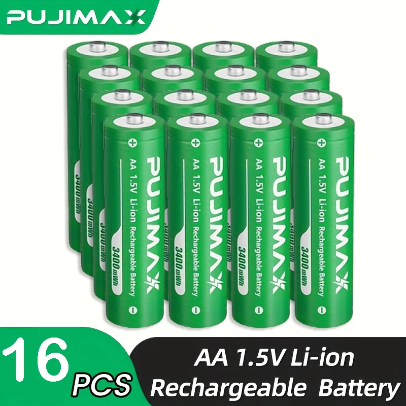 PUJIMAX Oplaadbare Li-ion AA-batterijen 1,5 V AA 3400 mWh lithium-ionbatterij + oplader Klokradio Videogame digitale batterij