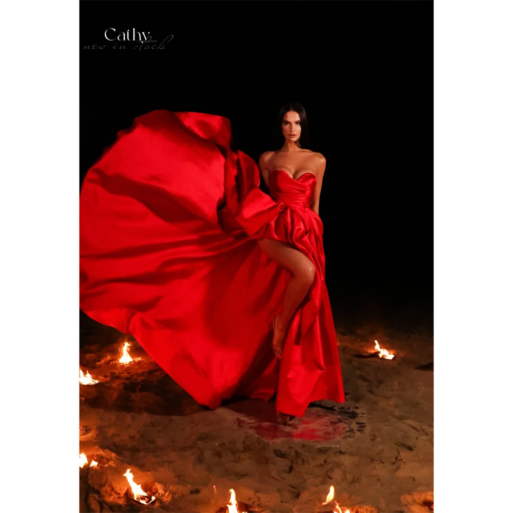 

Cathy Customized A-Line High-low Red Strapless Prom Dress Asymmetrical Sleeveless vestidos de noiva Corset Sweep Train Formal
