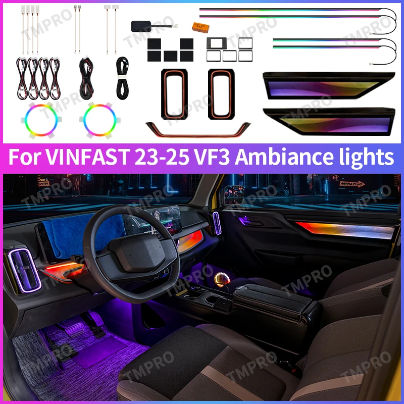 

Подходит для VINFAST VF3 2023-2025, окружающее освещение, украшение интерьера автомобиля, 64 цвета, светодиодные системы помощи при безопасности