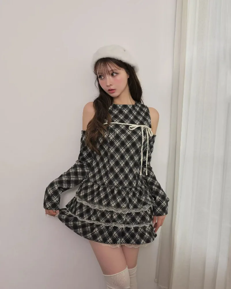 Women Plaid Cold Shoulder Mini Dress Long Sleeve Lace Ruffle Tiered Short Dress Japanese Sweet Lace Edge Cake Dress
