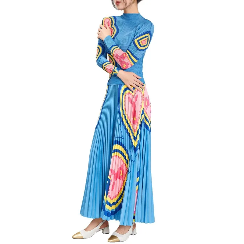Miyake Pleated 2026 New Vintage Blue Printed Pleated Set Spring and Autumn New Half Skirt Slim Fit Long Sleeve Top Two-Piece Set