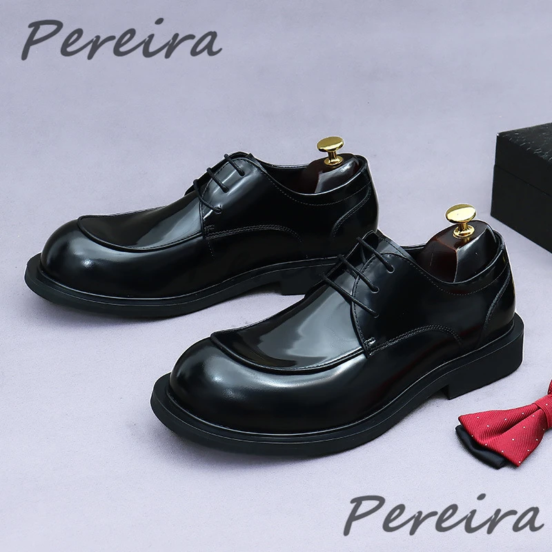 

Big Round Toe Derby Shoes for Men British Shiny Genuine Leather Business Dress Shoes Luxury Handmade Comfortable Oxfords Shoes