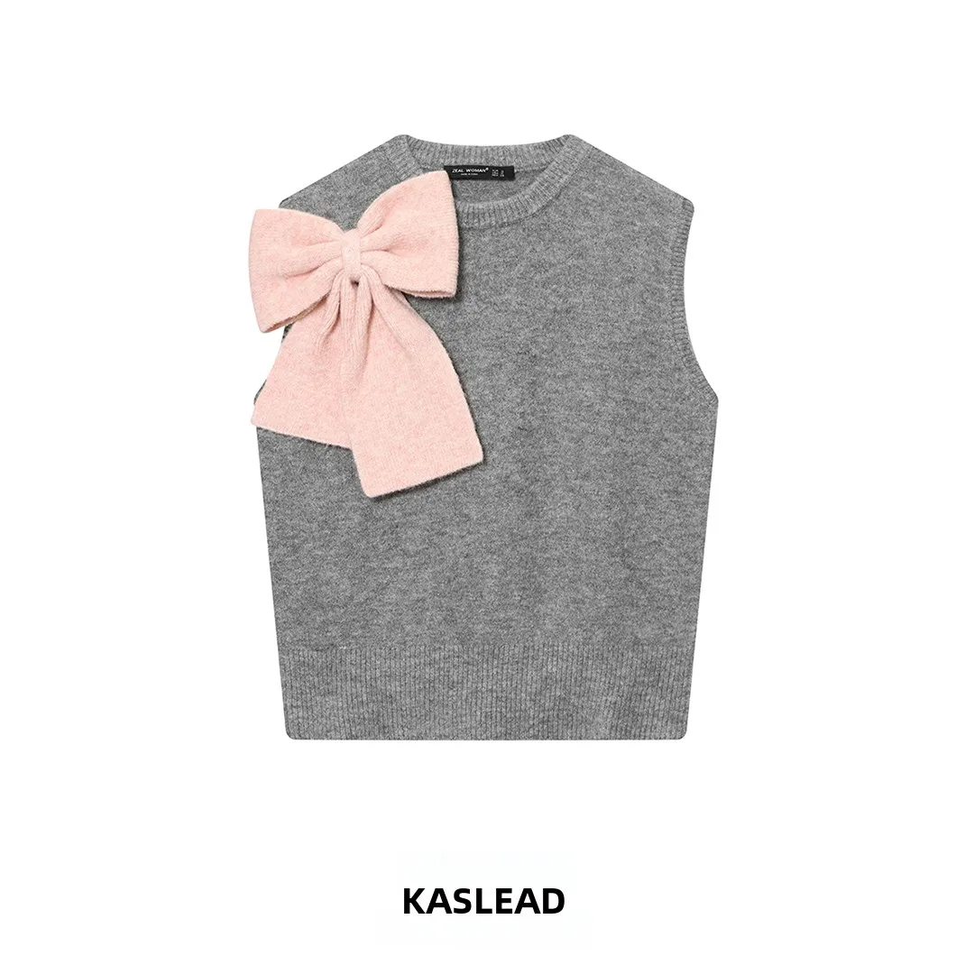 

KASLEAD Faionable Knitted Vest Top with Knot Design Polyester Fiber round Ne ort Sle Women'swear