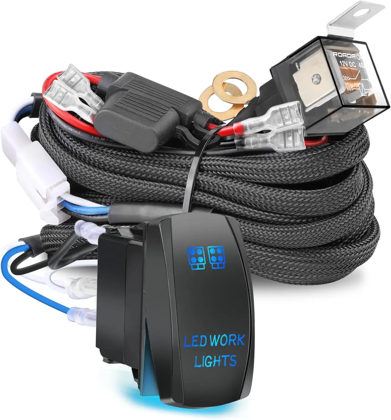 16.4FT 12V 40A LED Work Light Bar Wire Relay Fog Lamp OEM Rocker Switch OnOff Wiring Harness for Car Truck LED Spot Driving Lamp