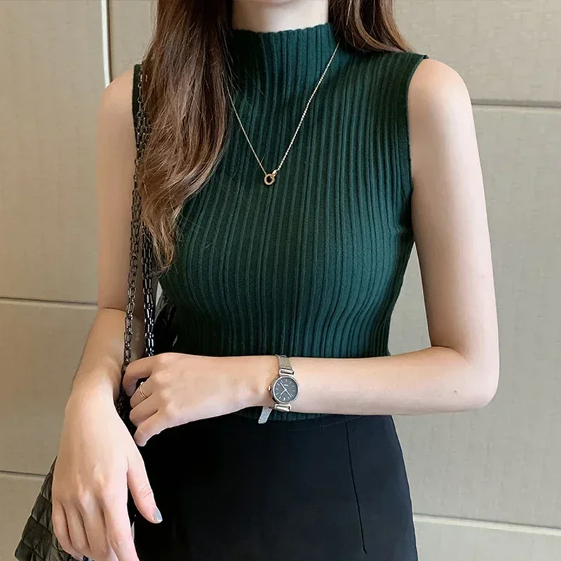 Summer Fashion Solid Color Sleeveless Knit Women Blouse Elegant Casual Half High Neck Slim Fit Tops