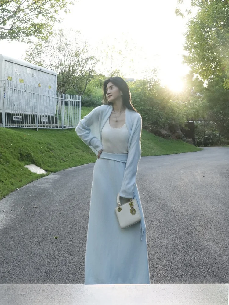 

High Waist Knitted Skirt Light Blue Women's Faion Casual Breathable Rabbit Fur Wool Viscose Nylon High Elastici H pe