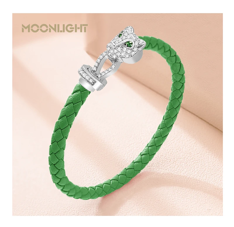 MOONLIGHT Classic Design Exquisite Cheetah Zircon Bracelet for Women Braided Leather Bracelet Quality Banquet Couples Gift