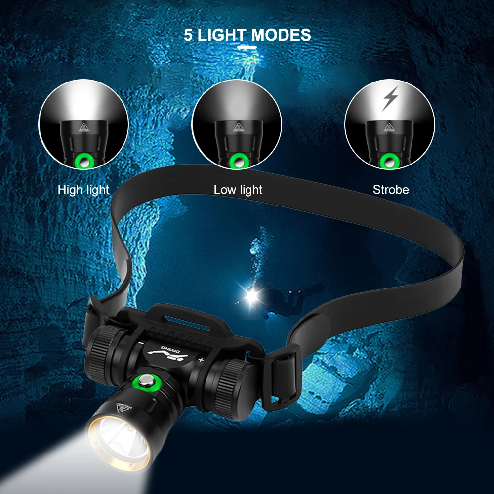 Asafee 60M Diving Headlamp Underwater L2 LED 1000LM IPX8 Waterproof 56° Angle Light Wearable On Hand Headlight Underwater Search