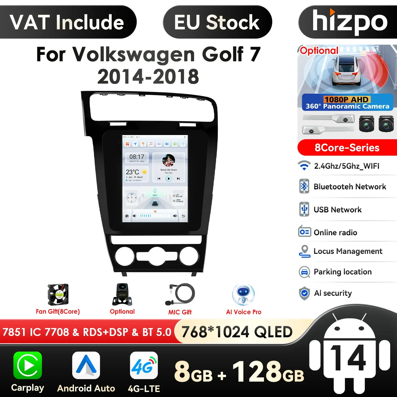 Hizpo 9,7 ''360Cam Android14 Radio de coche Carplay para VW Volkswagen Golf 7 estéreo de coche GPS Wifi FM receptor de Audio reproductor Multimedia