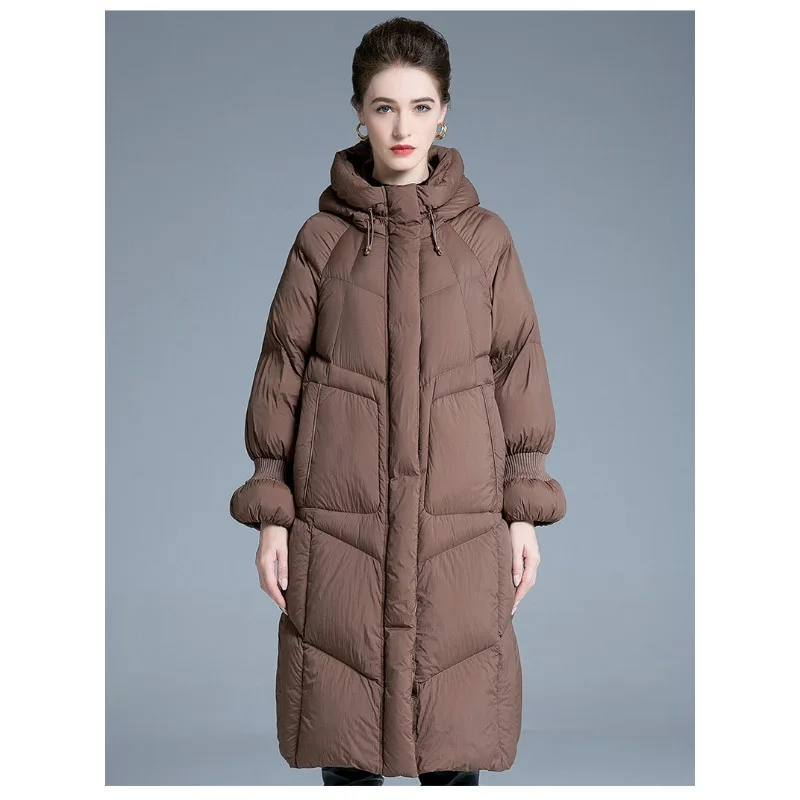 Luxury Design Women's Apparel Winter New 90% White Duck Down Thicken Hooded Oversized Fashion Slim-Fit Long Down Coat for Women