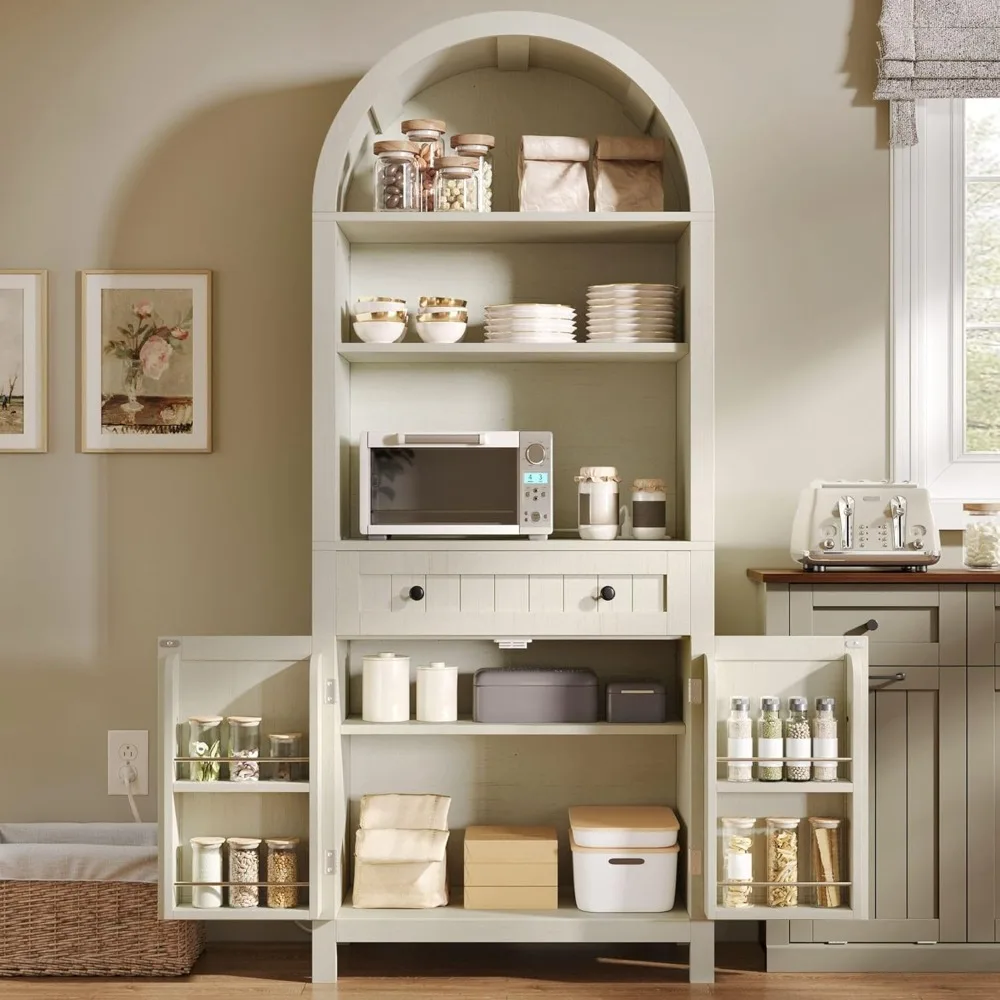 

Farmhouse Style Arched Kitchen Pantry with Charging Station, Drawers, and Tabletop Storage