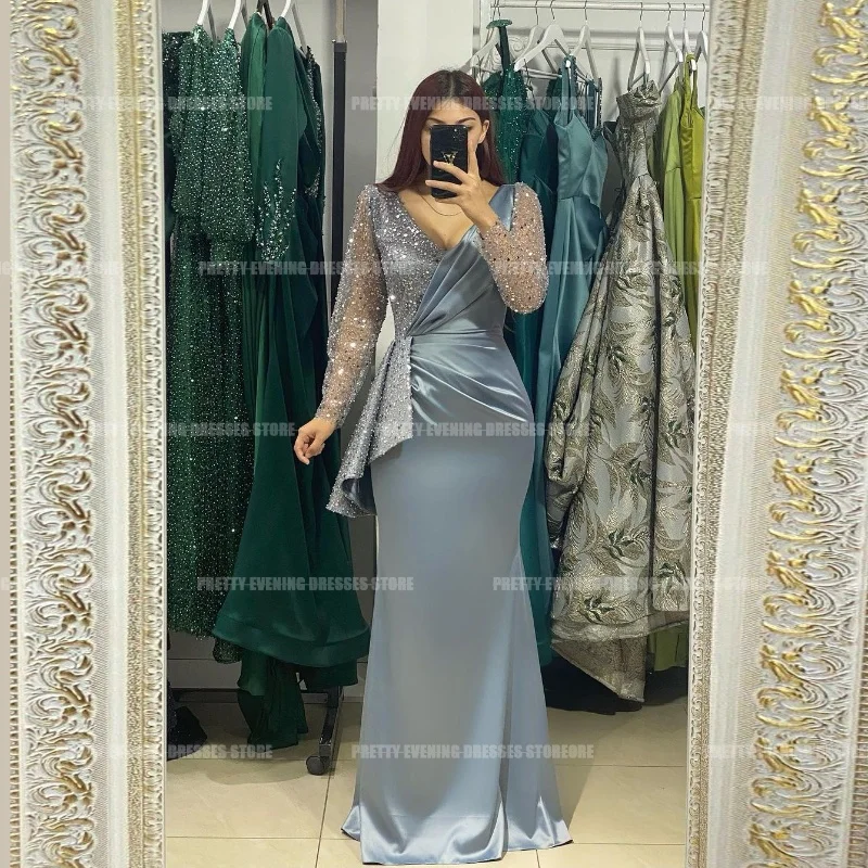 Vestidos de Noche sencillos de lujo para mujer, vestido Formal de sirena con abertura lateral, satén brillante con cuello en V, sin mangas, para fiesta de graduación, sin mangas, 2024