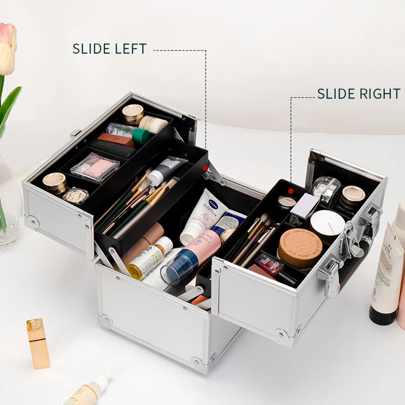 Aluminum Cosmetic Makeup Train Case Nails Polish Beauty Organizer Case Hairdressing Make Up Storage Box with  Locks & Trays