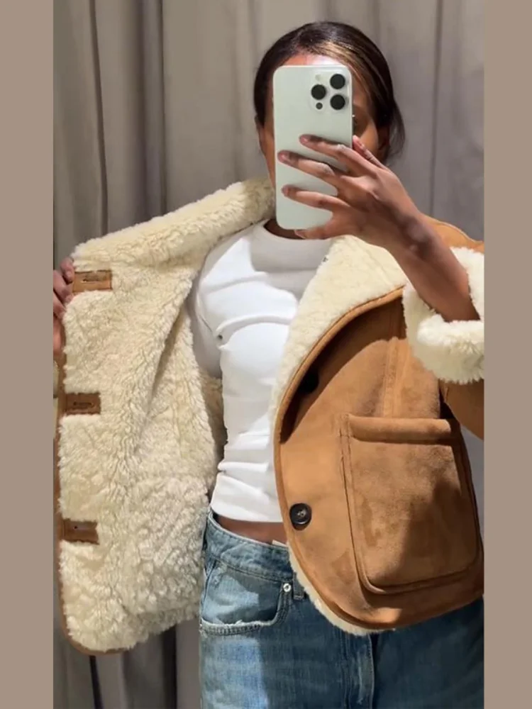 Chic Faux Suede & Fur Reversible Jacket For Women Fashion Lapel Single Breasted Pocket Coat Lady 2026 Winter Warm Outerwear