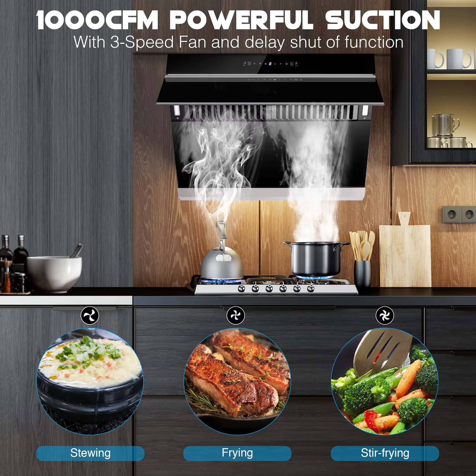 1000CFM Wall Mount Side Draft Range Hood, Gesture & Touch Control, 3 Speed Fan, Delay Shutoff, Tempered Glass Kitchen Cooker Extractor Fan