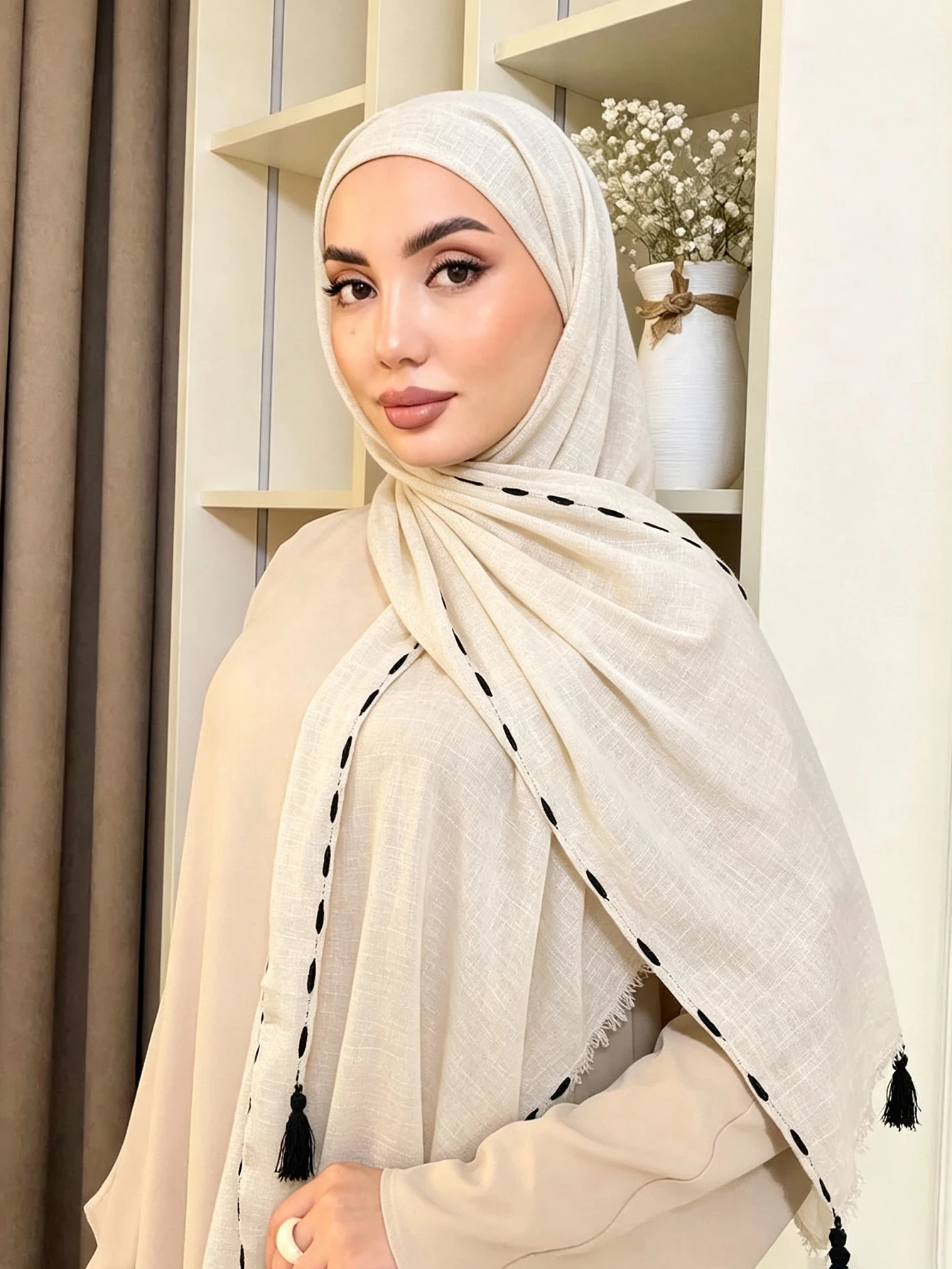 Stitched Line Tassel Edge Shawl Crinkle Cotton Linen Hijab Muslim Women Headscarf Stitch Tassel Trim Islamic Ladies Shawl