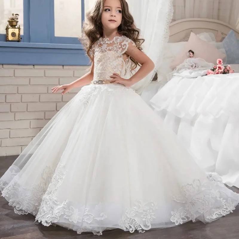 

Flower Girl Dress For Wedding White Lace Tulle Puffy Appliques With Tailing Sleeveless For Wedding Birthday Party Princess Gown