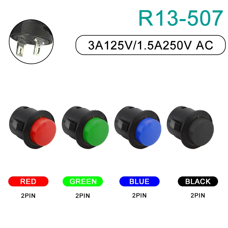 ラウンドバックル押しボタンスイッチ,リセットスイッチ,スターター,ラウンド,6a,125v,3a,250v,16mm, R13-507, 5個,20個