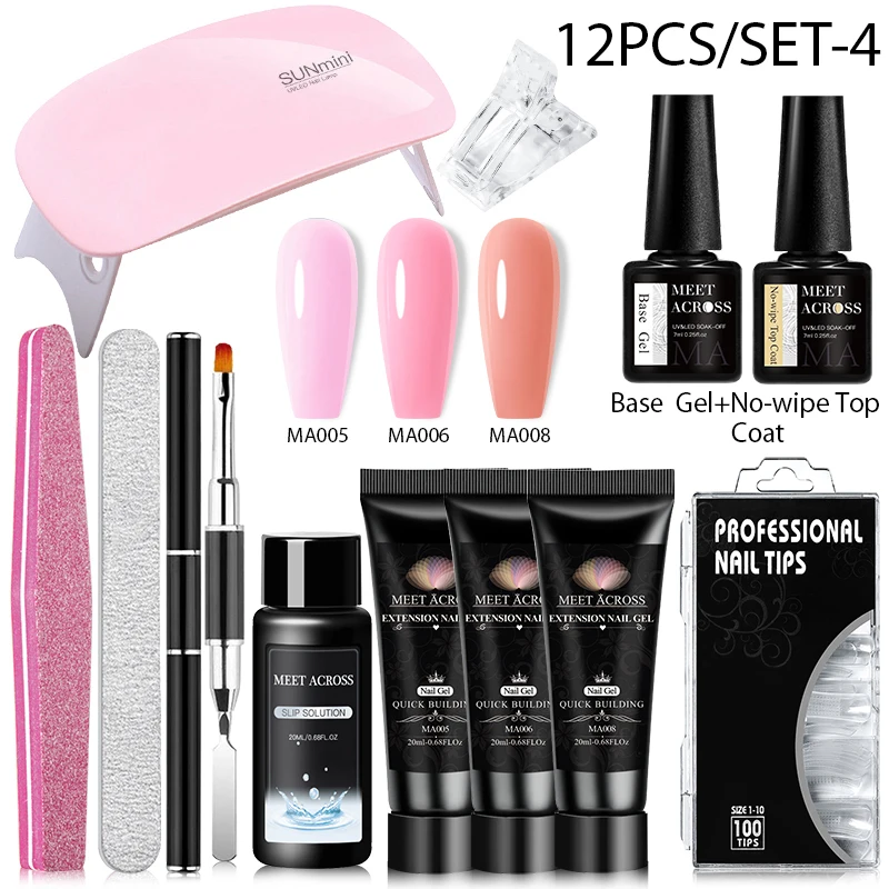 MEET ACROSS 네일 익스텐션 젤, 빠른 손가락 연장 익스텐션 키트, 아크릴 젤 광택제 네일 아트, 네일 매니큐어용, 세트 당 12 개, 20ml
