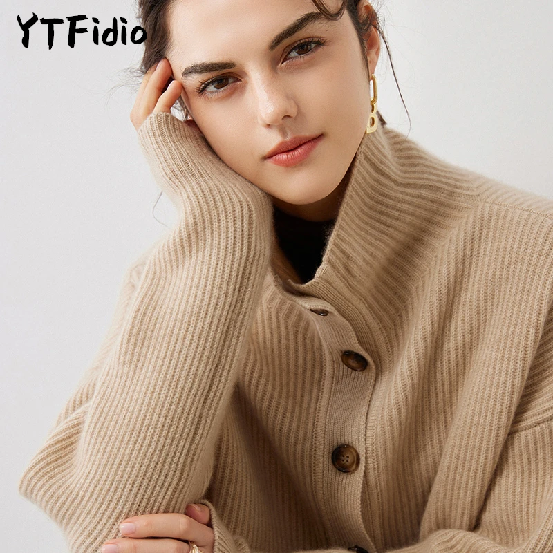 YTFidio 100% Cashmere Women Basin Necked Cardigan Warm Soft Buttons Cardigan Office Lady Solid Pullover Female Tops 14