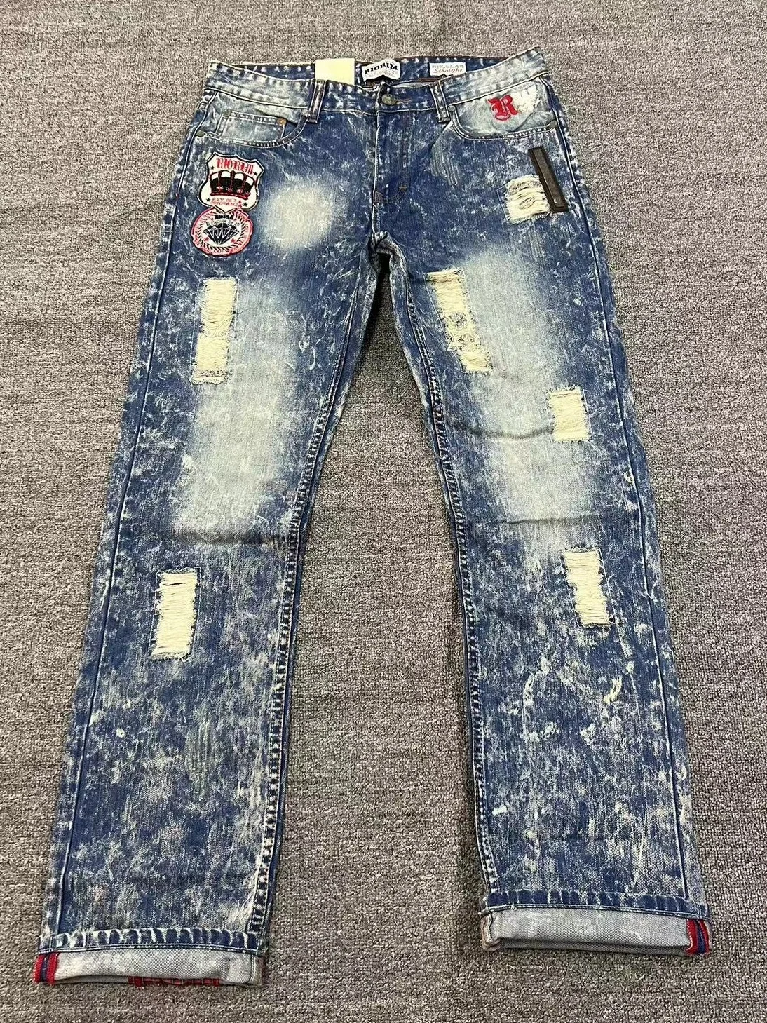 

Heavyweight Premium Men's Embroidered Denim Jeans Vintage Waed Snowflake American Khaki Sle Low Waist Workwear Cotton