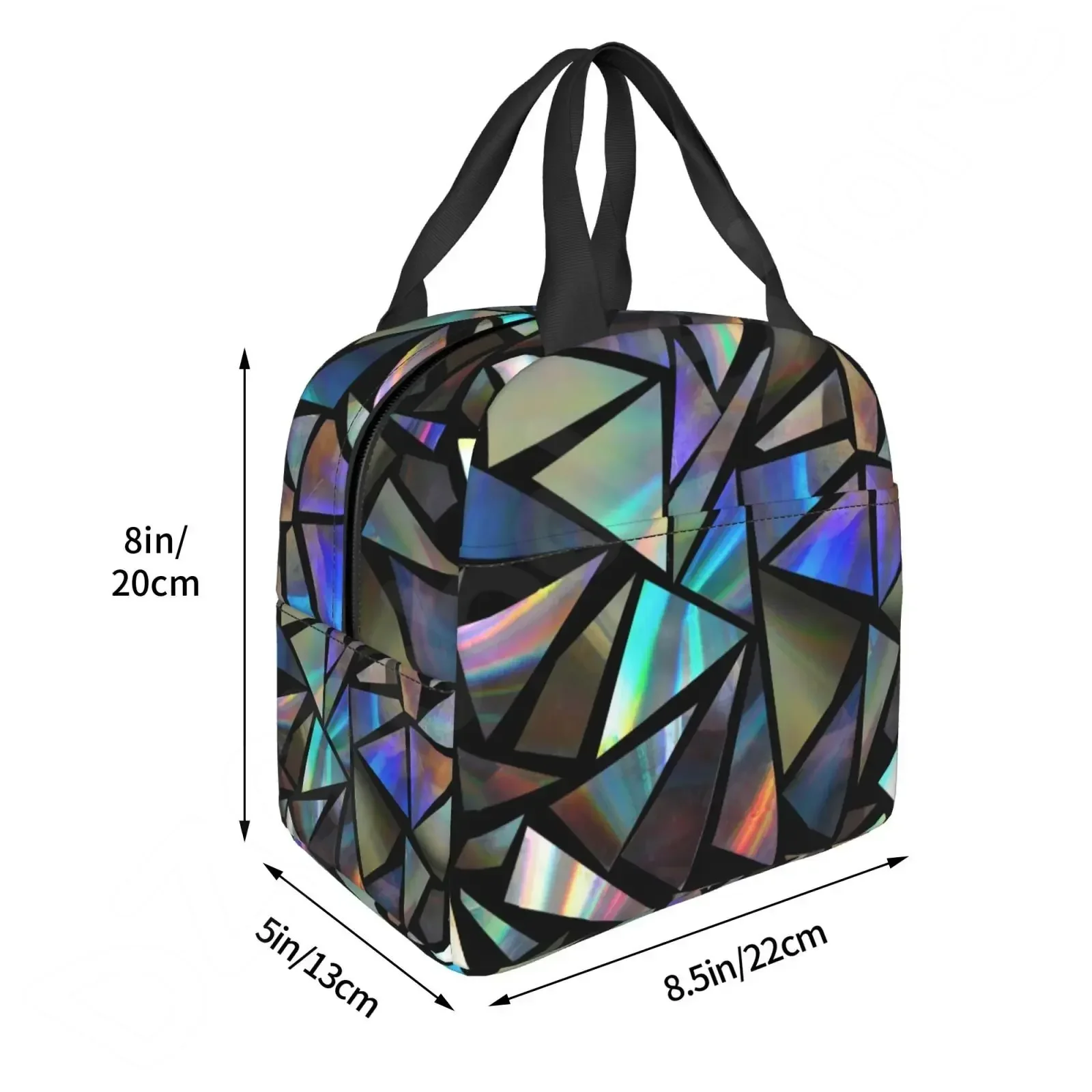 Lines Green Iridescent Holographic Triangles on Black Abstract Futuristic Pattern Blue Crystal Glam Insulated Lunch Bento Bag