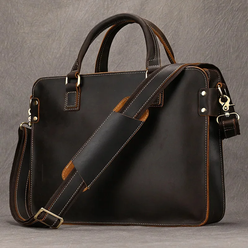 Maletín de cuero Crazy Horse Vintage para hombre, bolso de negocios de gran capacidad, bolso de mensajero de hombro para hombre, moda para portátil de 14 "B