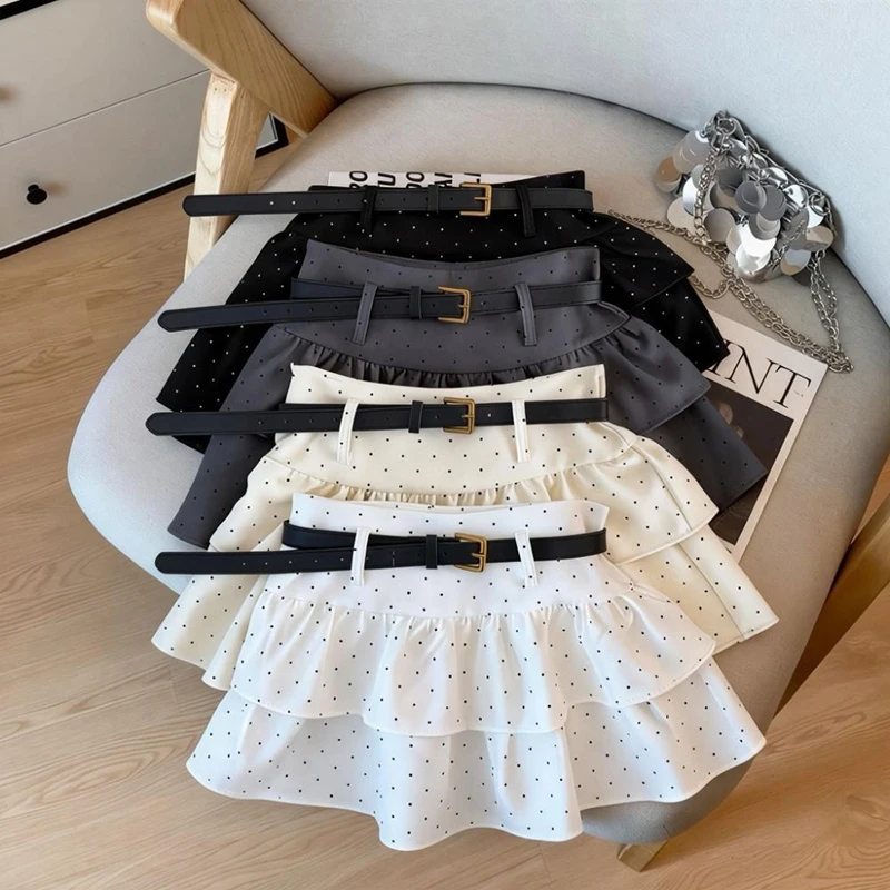 Sweet Polka Dots Mini Skirt Women Summer Preppy High Waist A Line Ruffles Skirts Korean Kawaii Student Sashes Harajuku Skirts