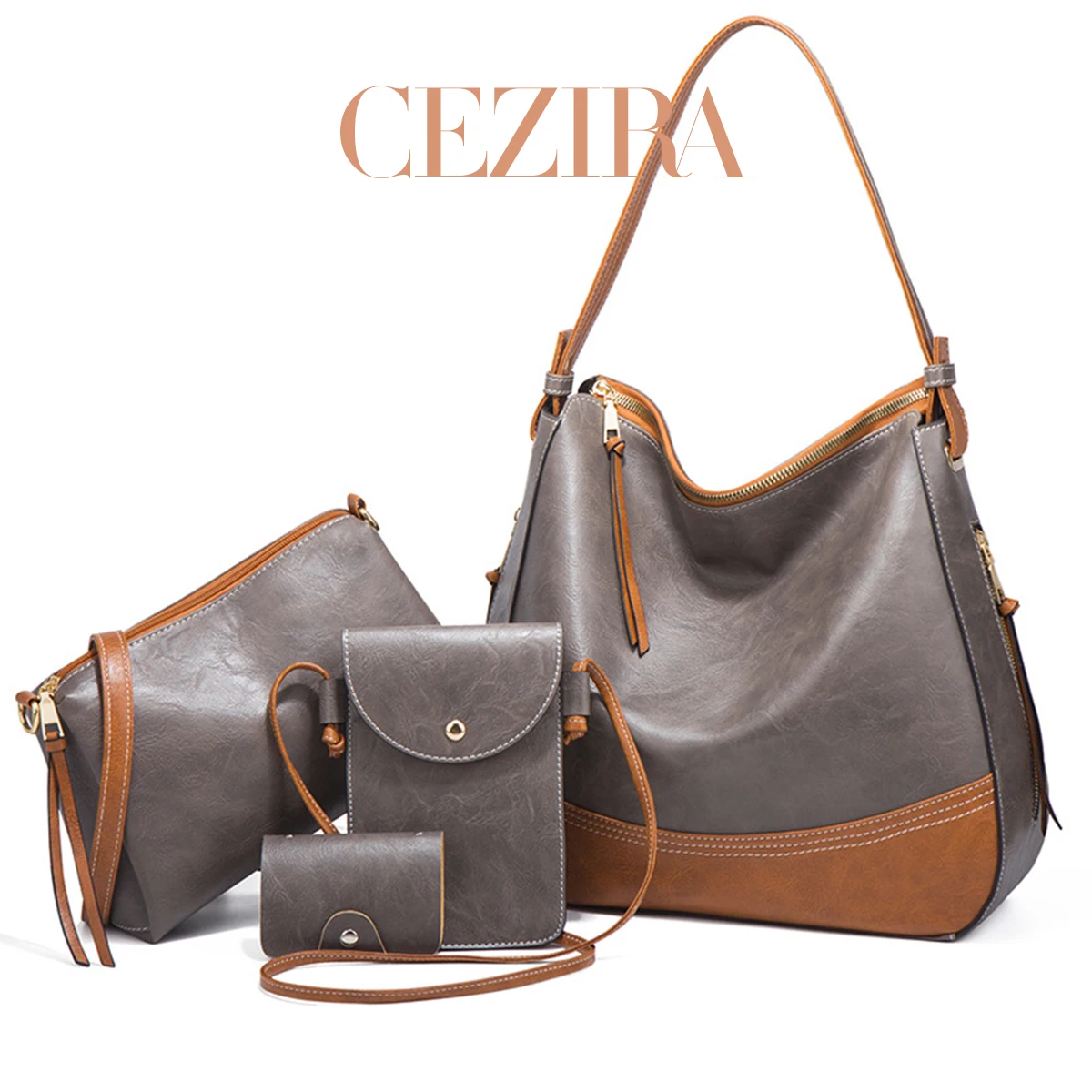 CR 4 In 1 Luxury PU Leather Bag Set Rivets Detail Large Hobo Shoulder Crossbody Phone Purse Wallet For Women Travel Campus Daily
